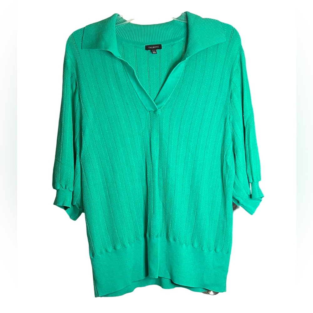 Talbots Short Sleeve Green Ribbed Knit Polo Sweater Johnny Collar Size XL